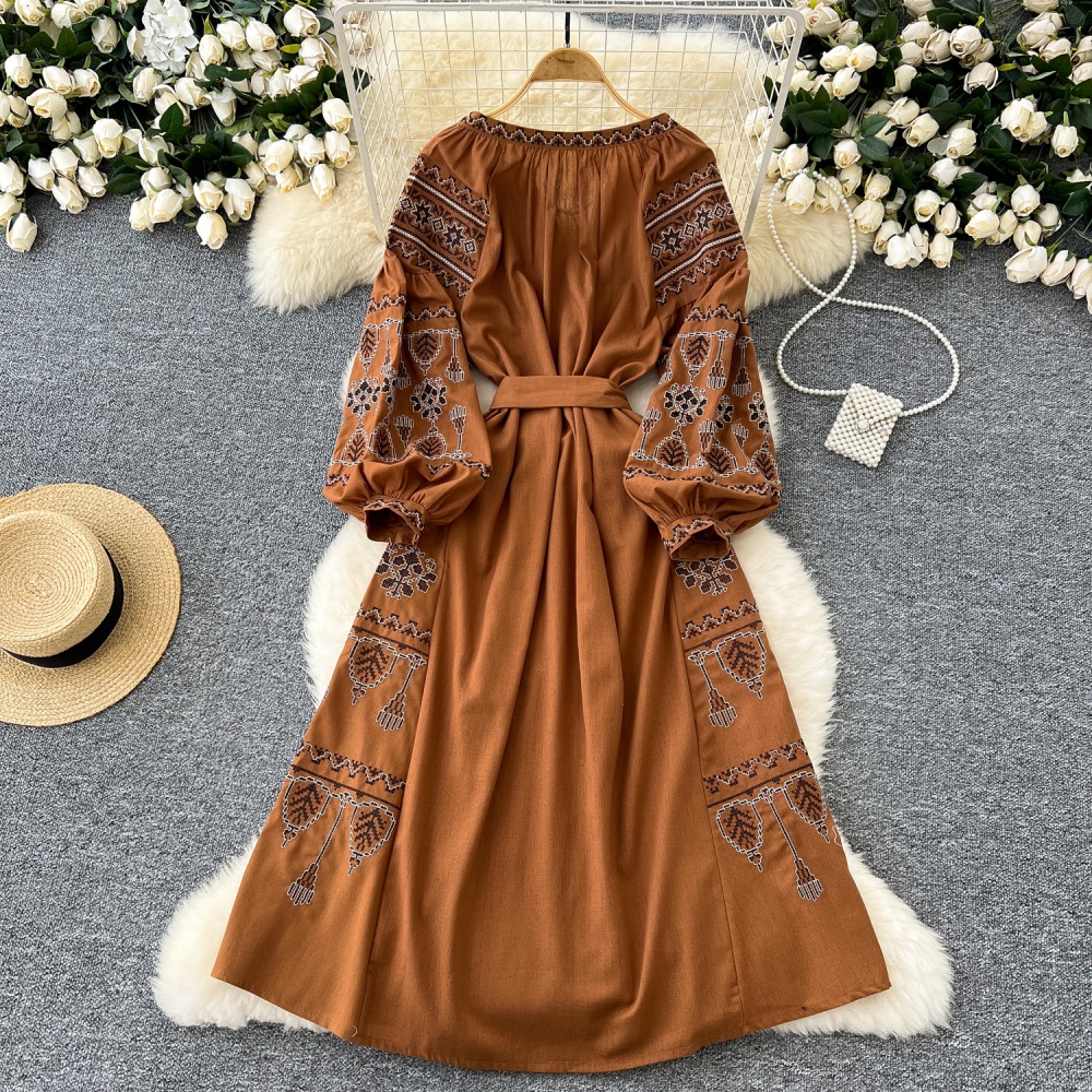 National style lantern sleeve travel loose dress for women