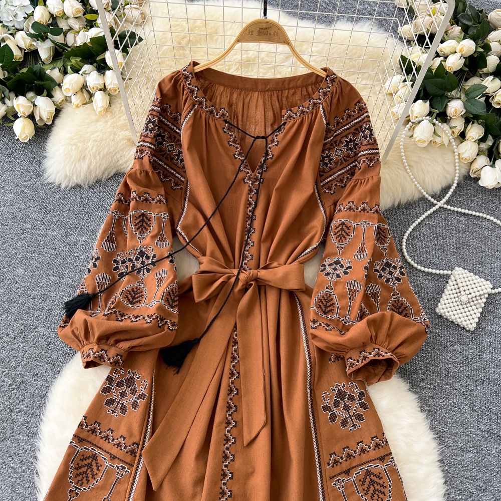 National style lantern sleeve travel loose dress for women