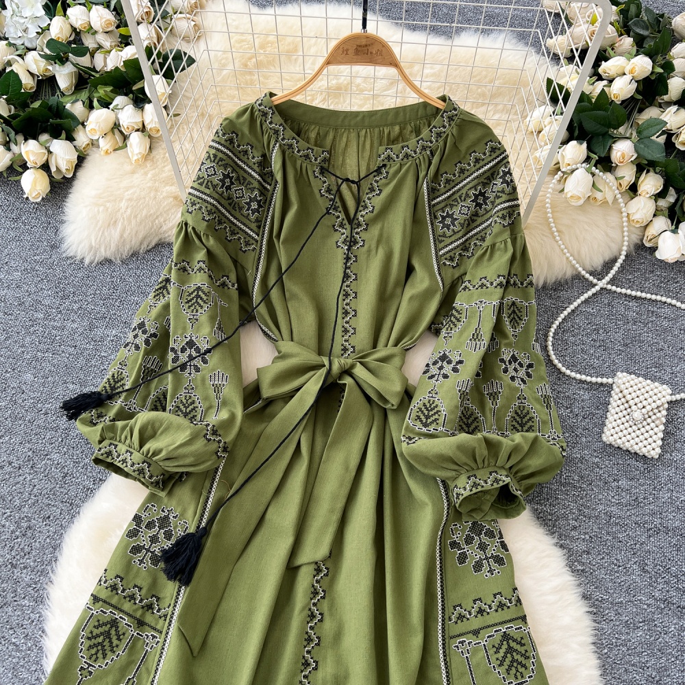 National style lantern sleeve travel loose dress for women