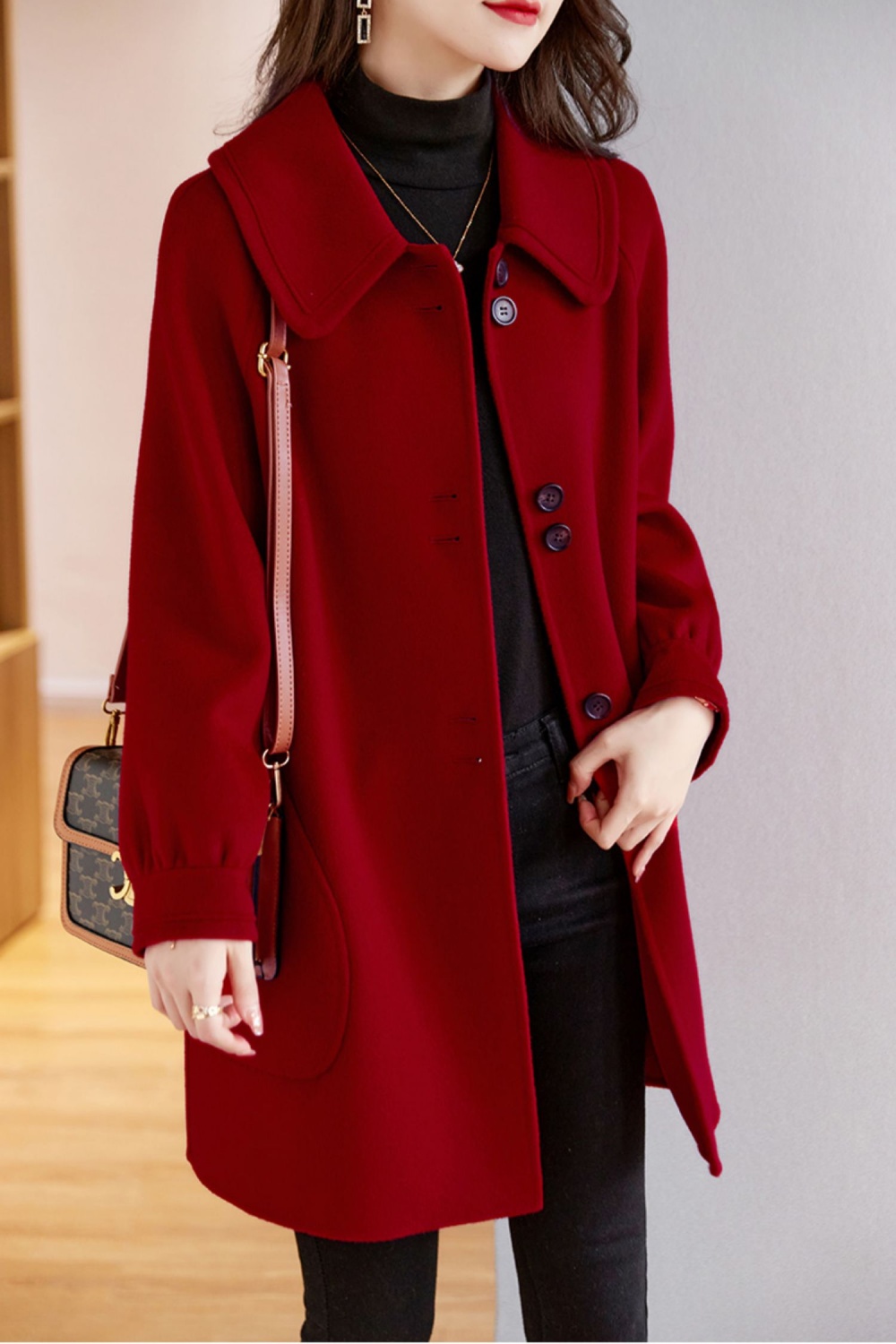 Woolen A-line woolen coat red coat for women