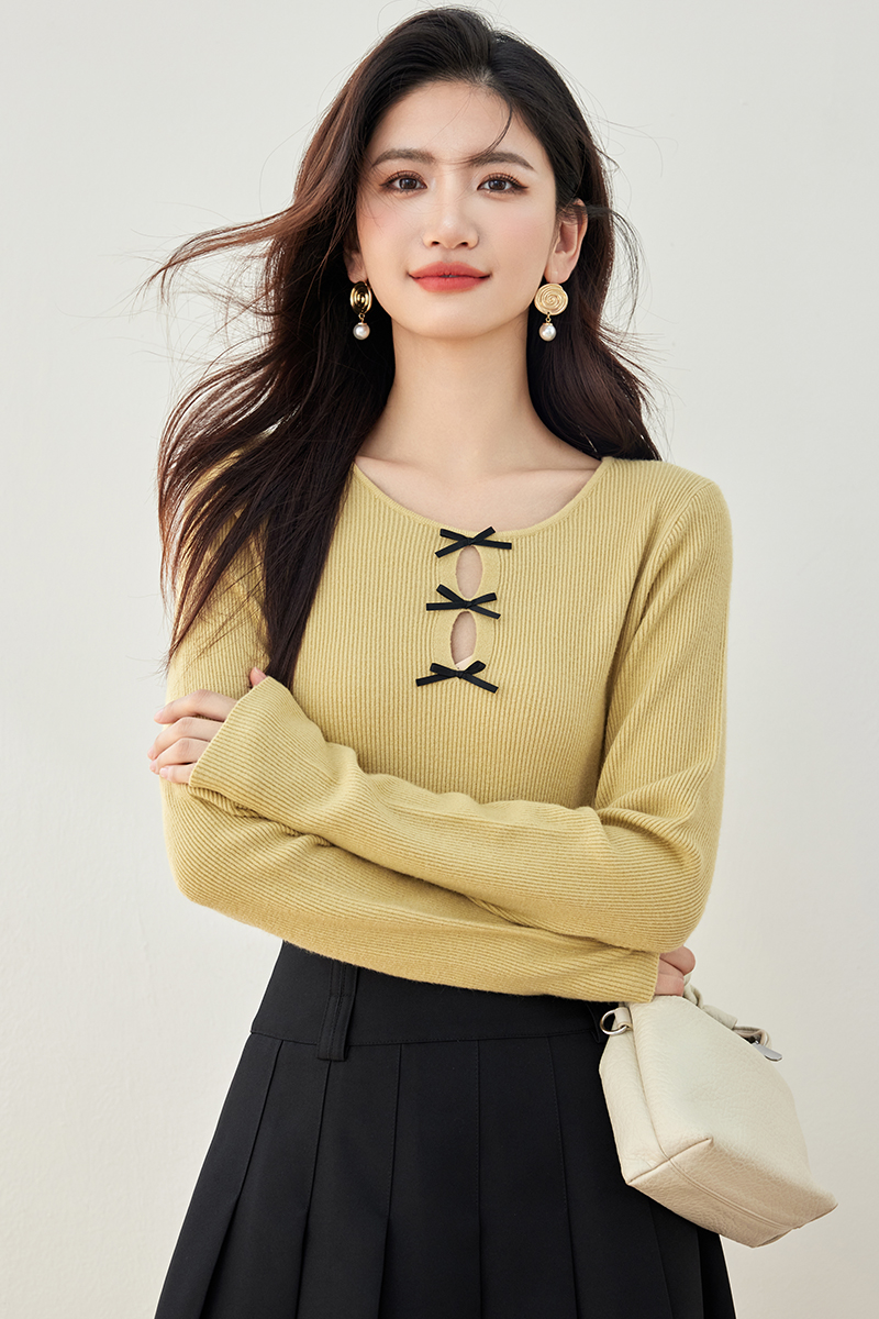 Bow long sleeve hollow chanelstyle sweater