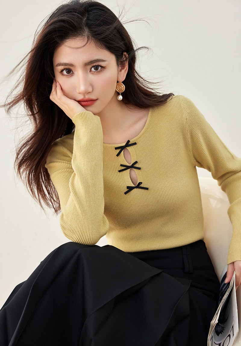 Bow long sleeve hollow chanelstyle sweater