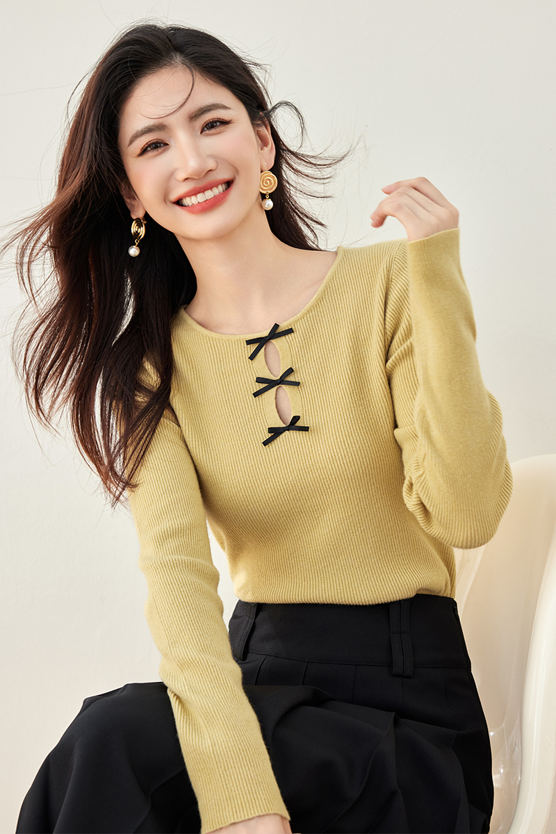 Bow long sleeve hollow chanelstyle sweater