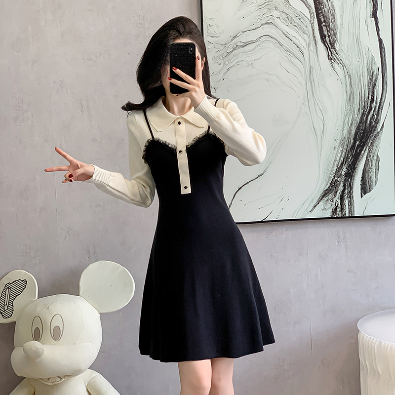 Mixed colors Korean style sweater doll collar dress