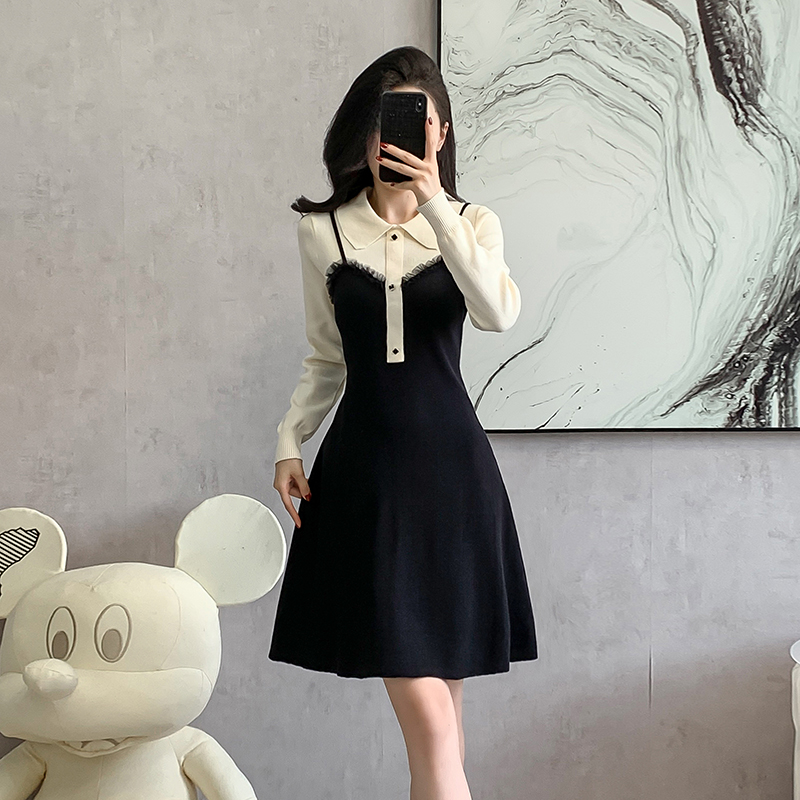 Mixed colors Korean style sweater doll collar dress