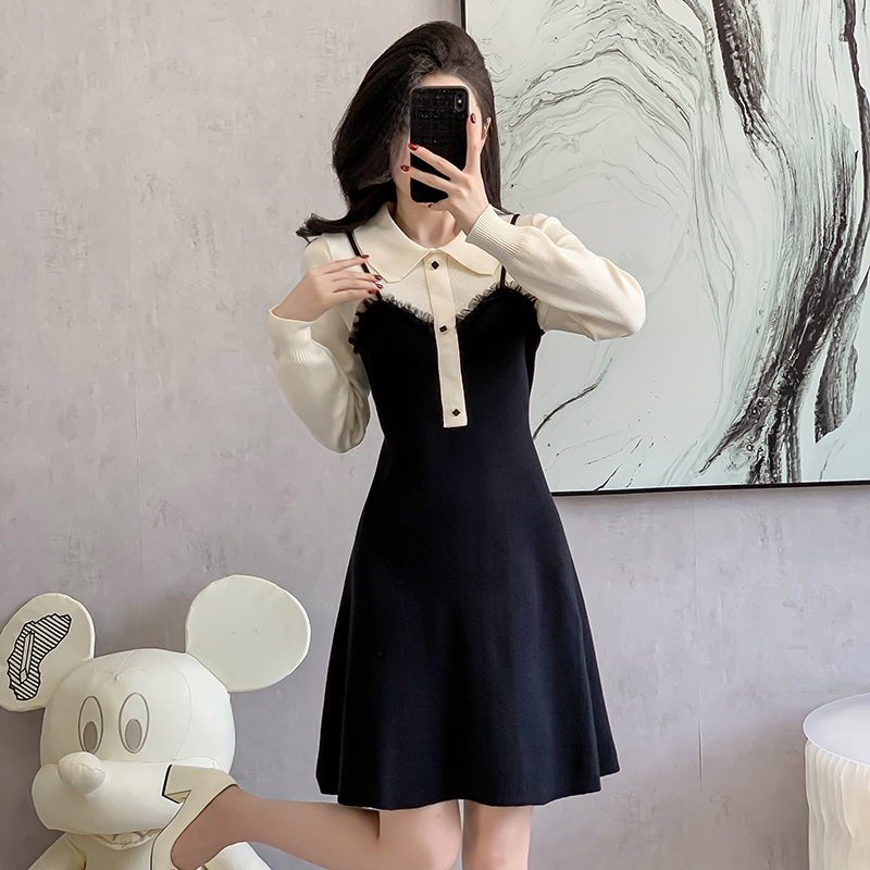 Mixed colors Korean style sweater doll collar dress