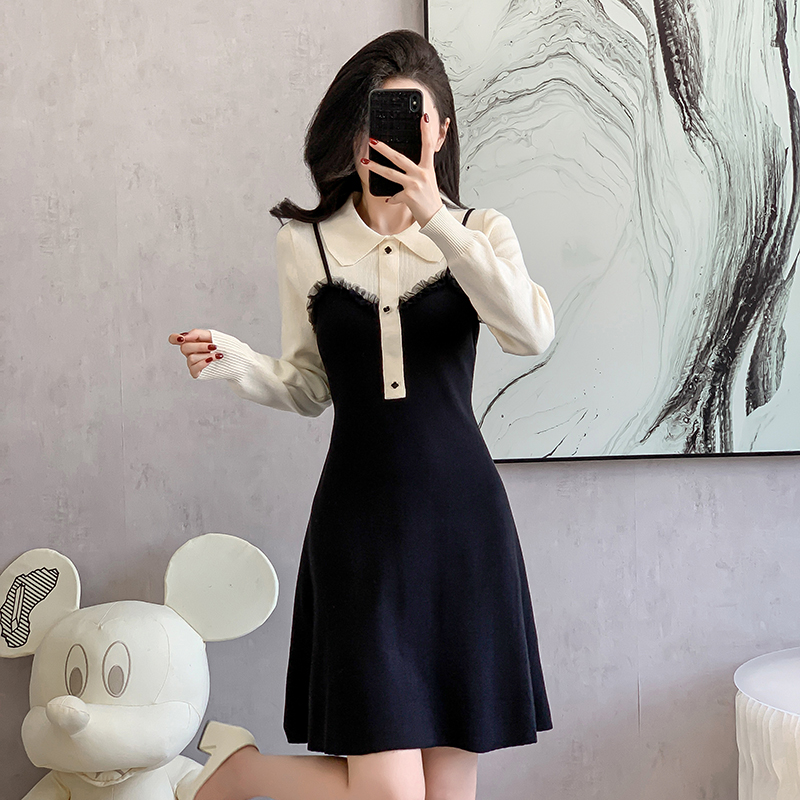 Mixed colors Korean style sweater doll collar dress