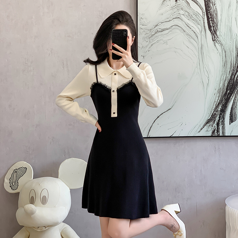 Mixed colors Korean style sweater doll collar dress