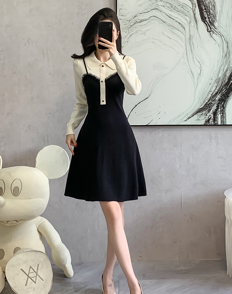 Mixed colors Korean style sweater doll collar dress