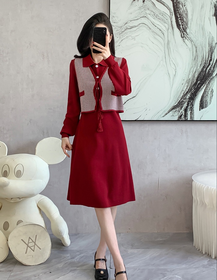 Show young chanelstyle waistcoat A-line dress 2pcs set