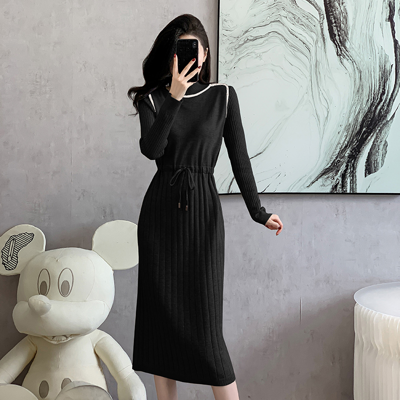 Knitted drawstring beading dress Korean style bottoming sweater