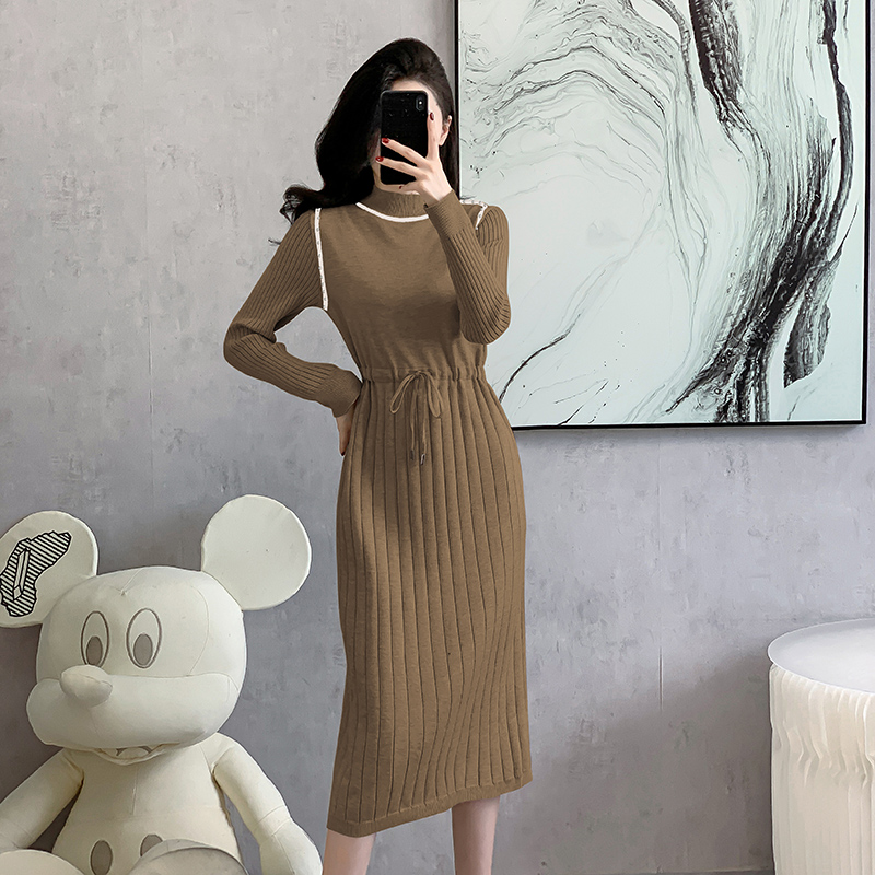 Knitted drawstring beading dress Korean style bottoming sweater