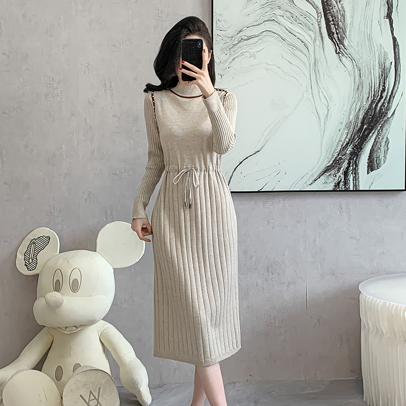 Knitted drawstring beading dress Korean style bottoming sweater