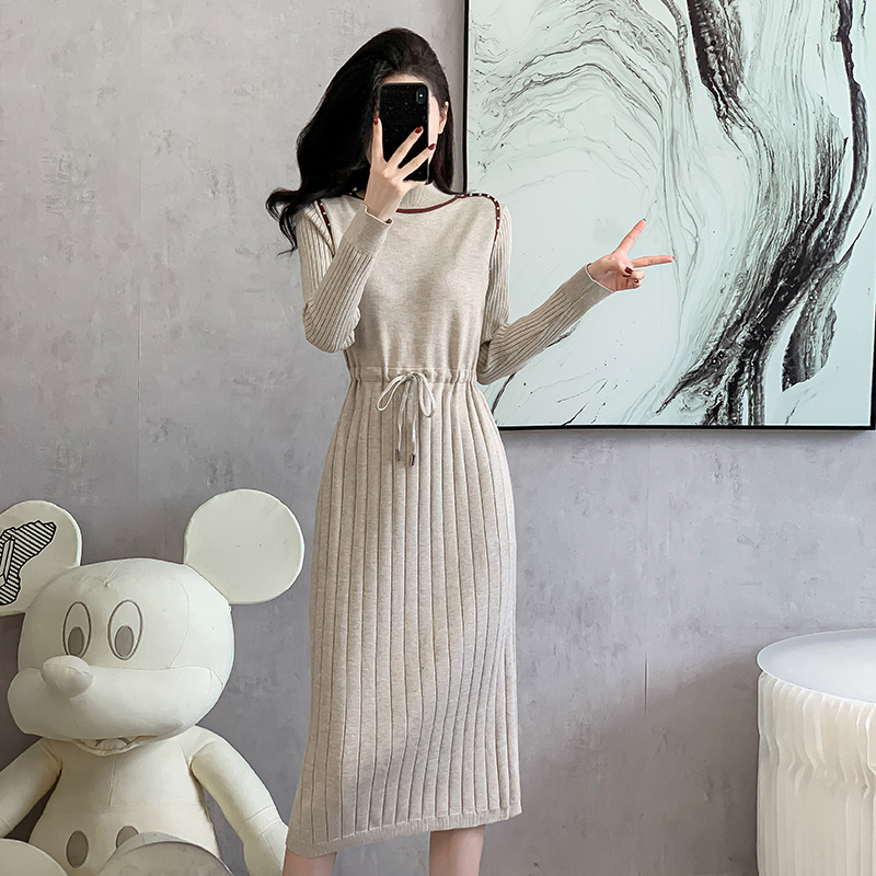 Knitted drawstring beading dress Korean style bottoming sweater