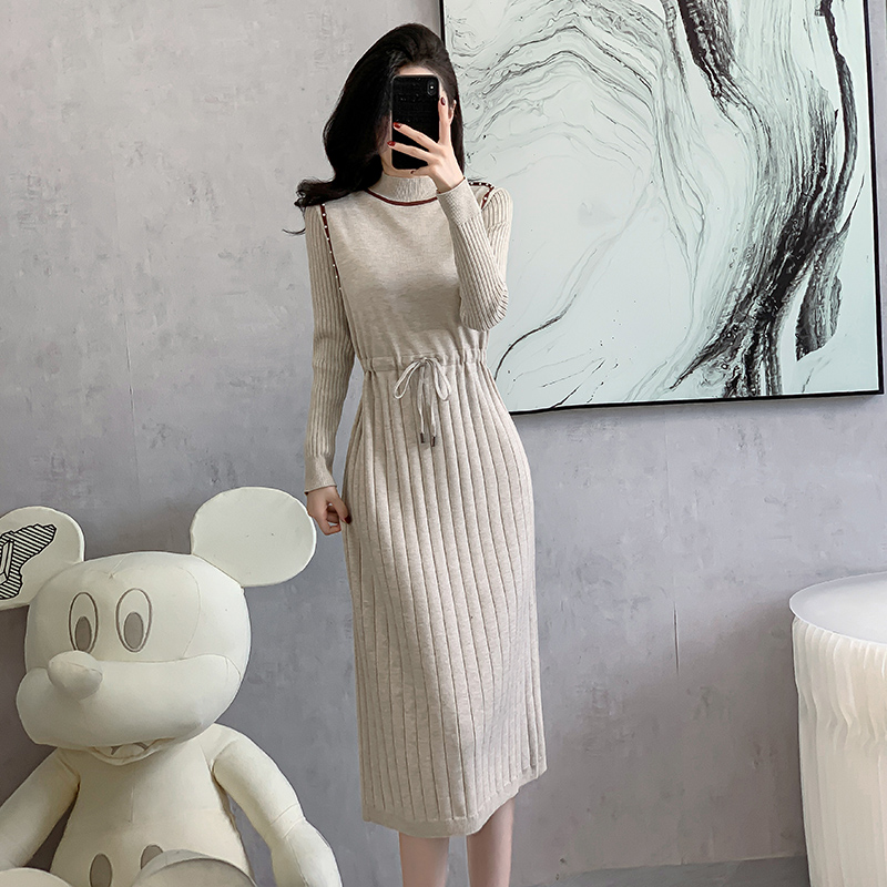 Knitted drawstring beading dress Korean style bottoming sweater