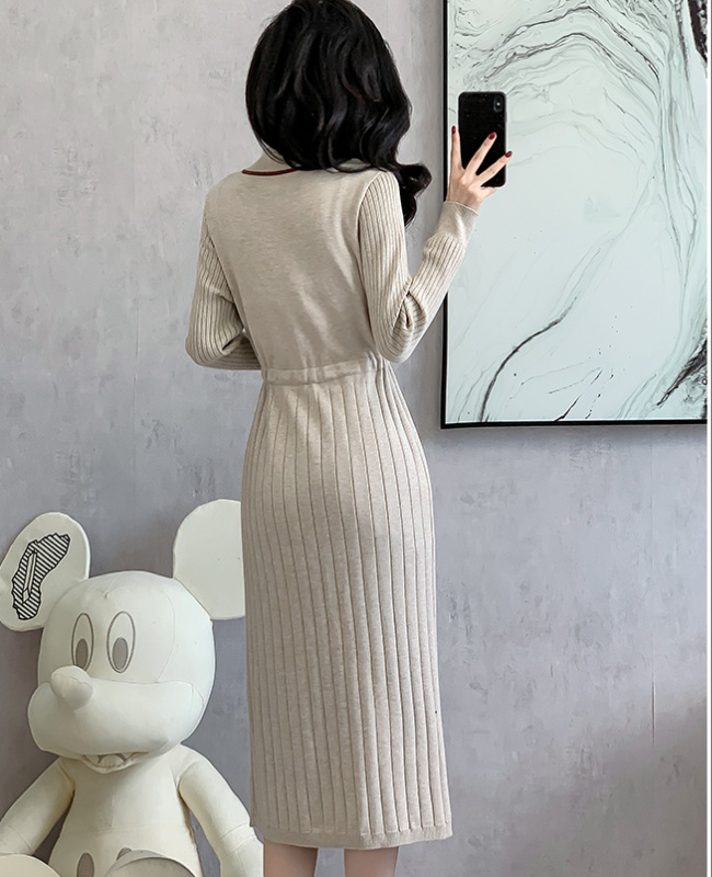 Knitted drawstring beading dress Korean style bottoming sweater