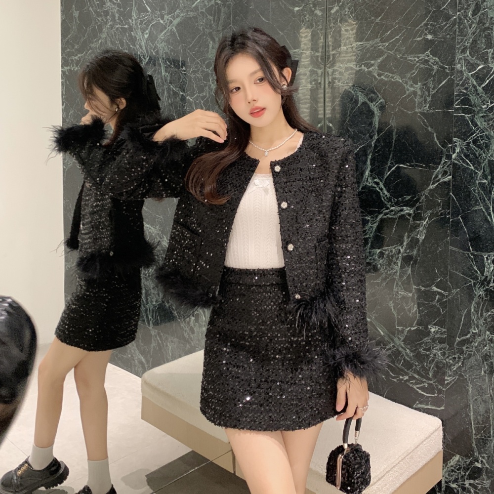 Sequins jacket package hip skirt 2pcs set for women