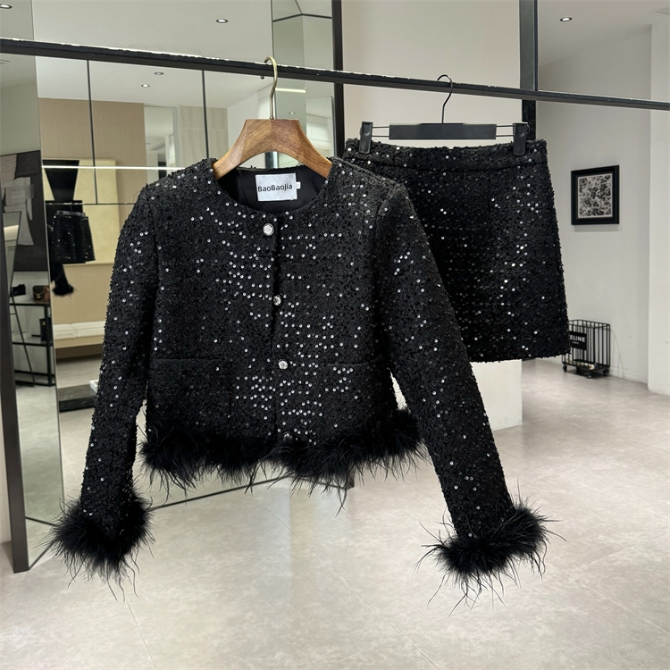 Sequins jacket package hip skirt 2pcs set for women