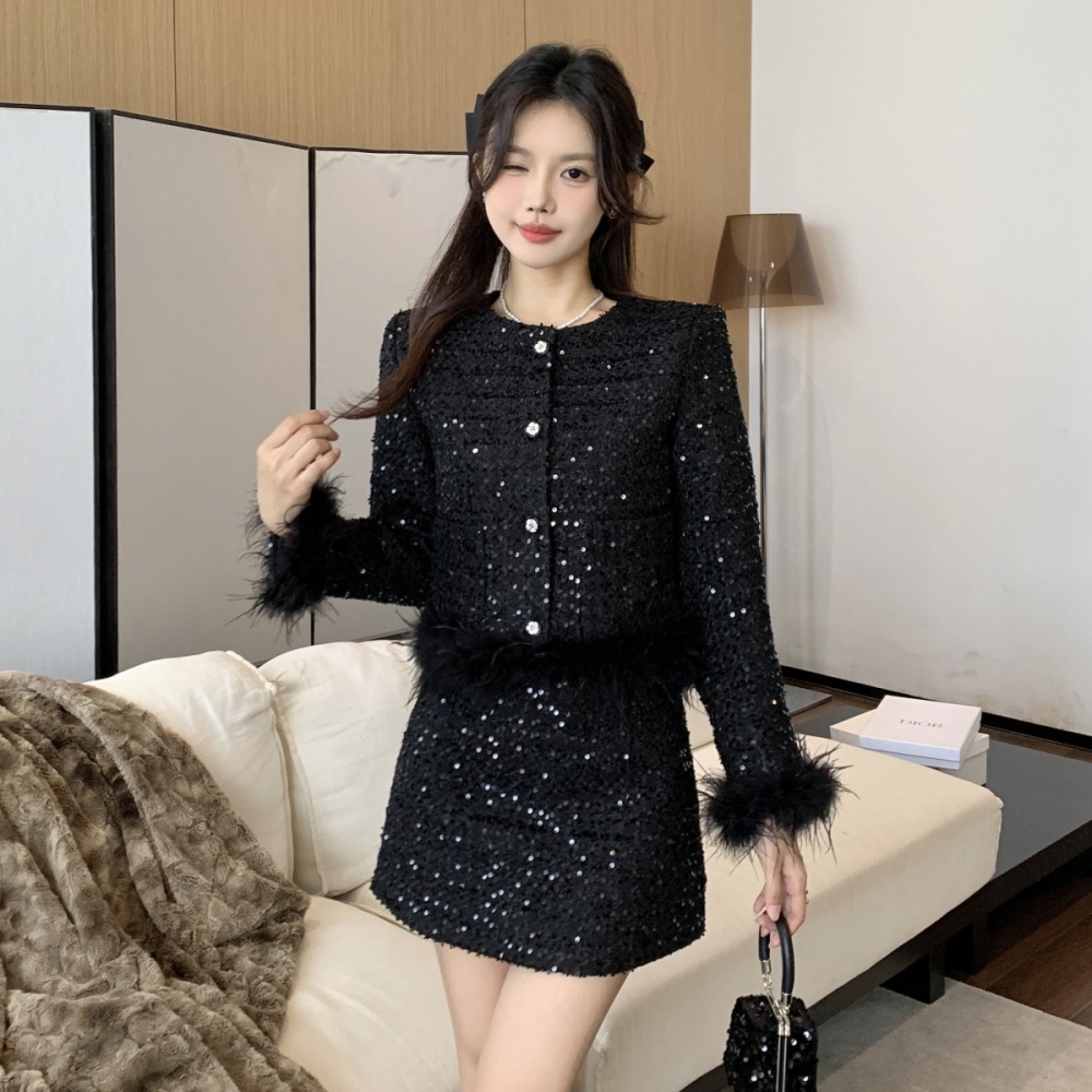 Sequins jacket package hip skirt 2pcs set for women