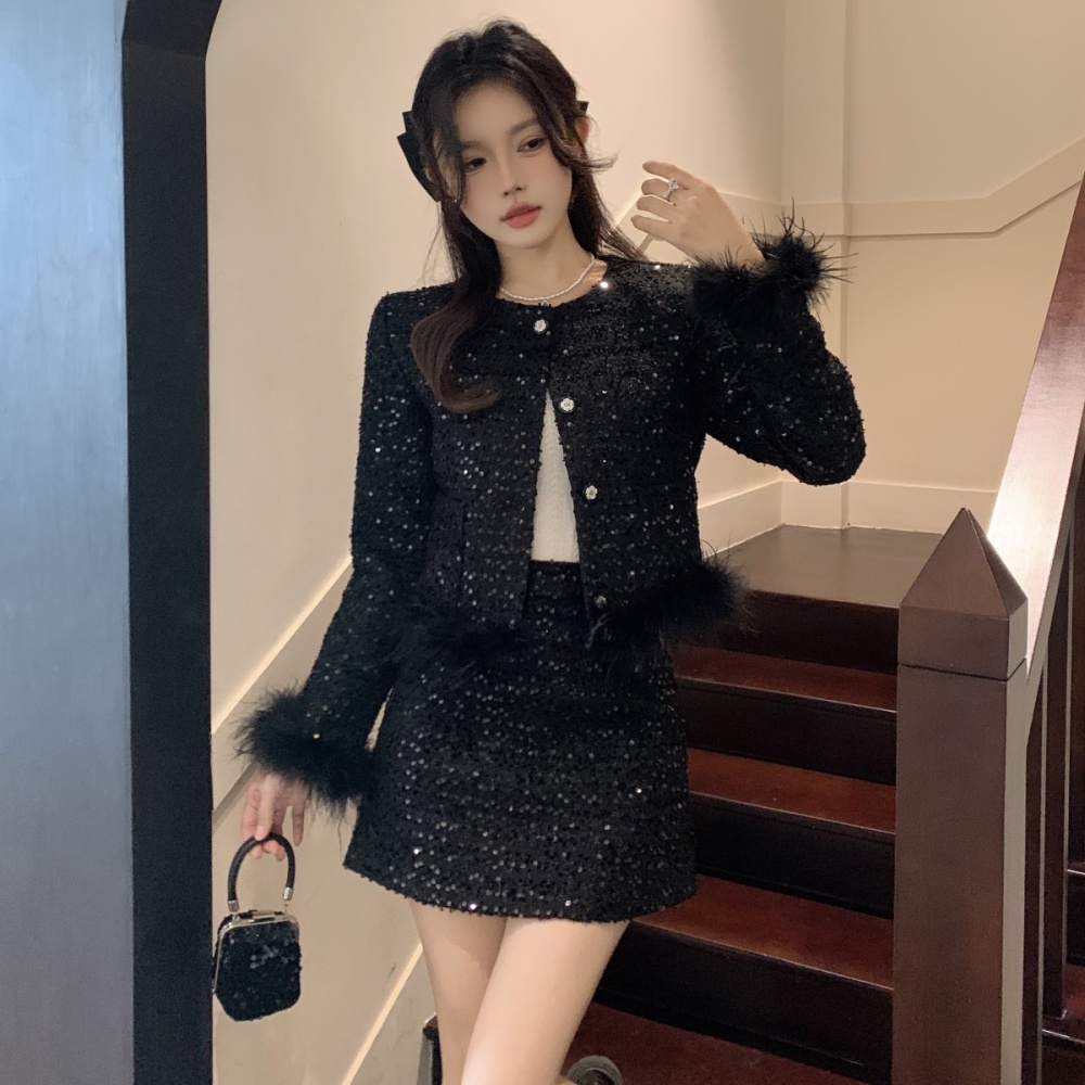 Sequins jacket package hip skirt 2pcs set for women