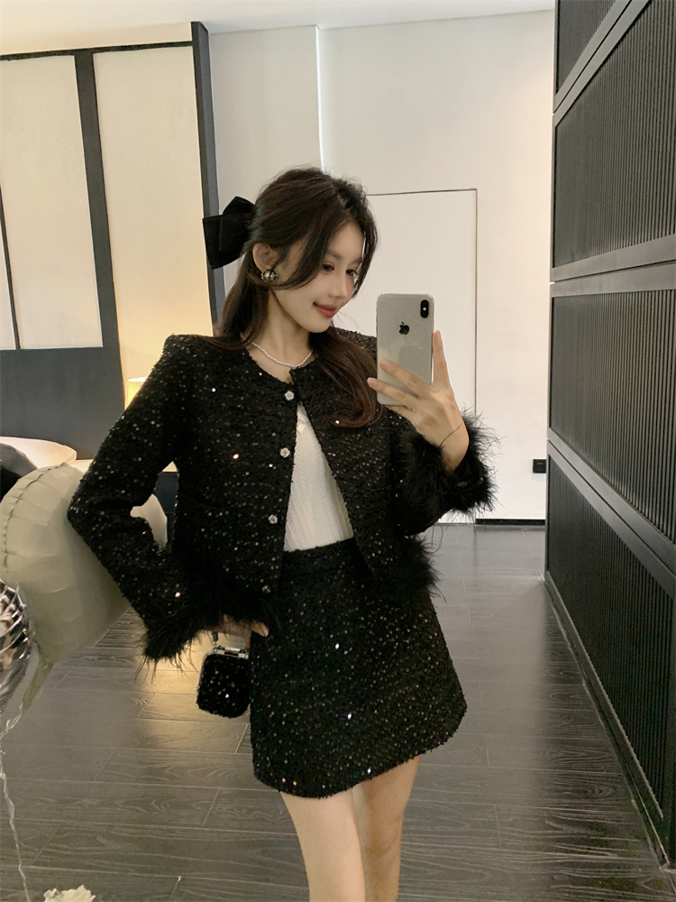 Sequins jacket package hip skirt 2pcs set for women