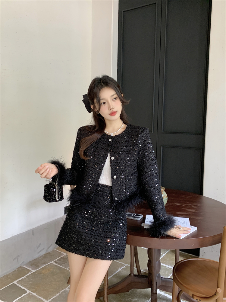 Sequins jacket package hip skirt 2pcs set for women