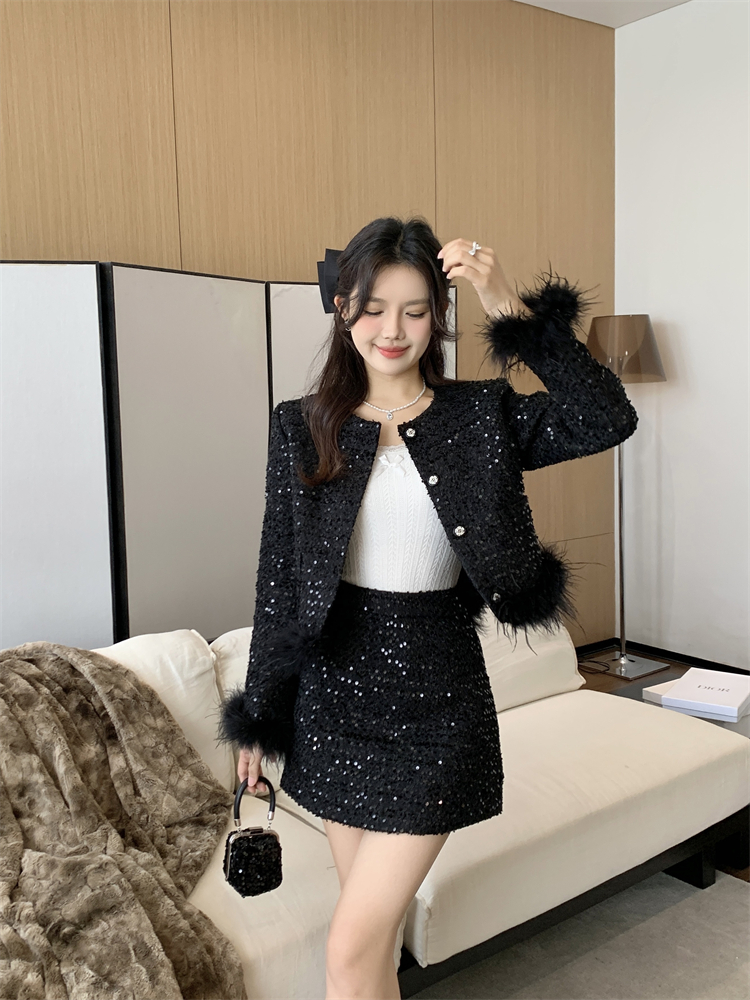 Sequins jacket package hip skirt 2pcs set for women