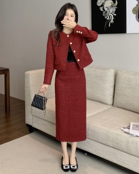 Red chanelstyle autumn and winter long skirt 2pcs set