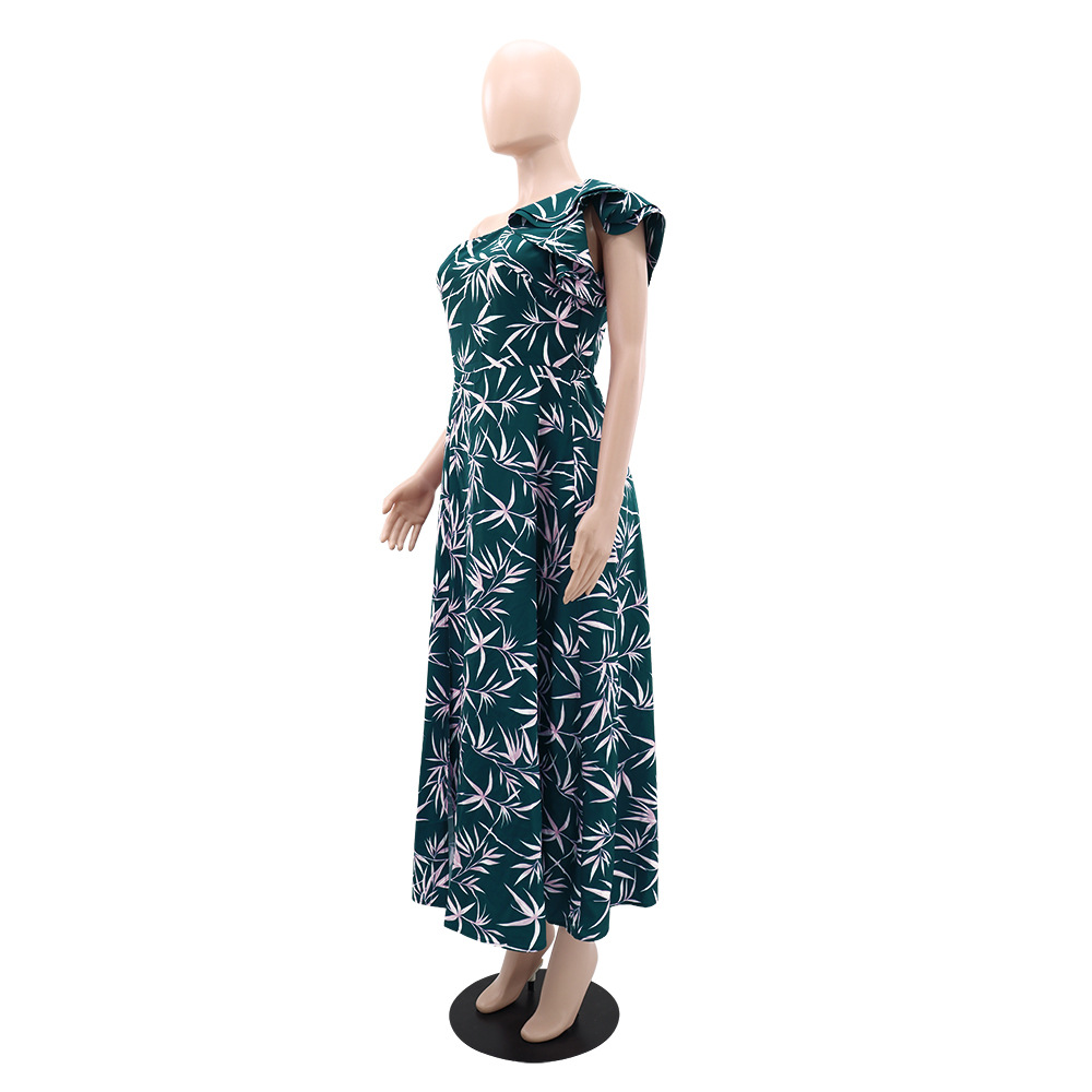 Pinched waist European style lotus leaf edges long dress