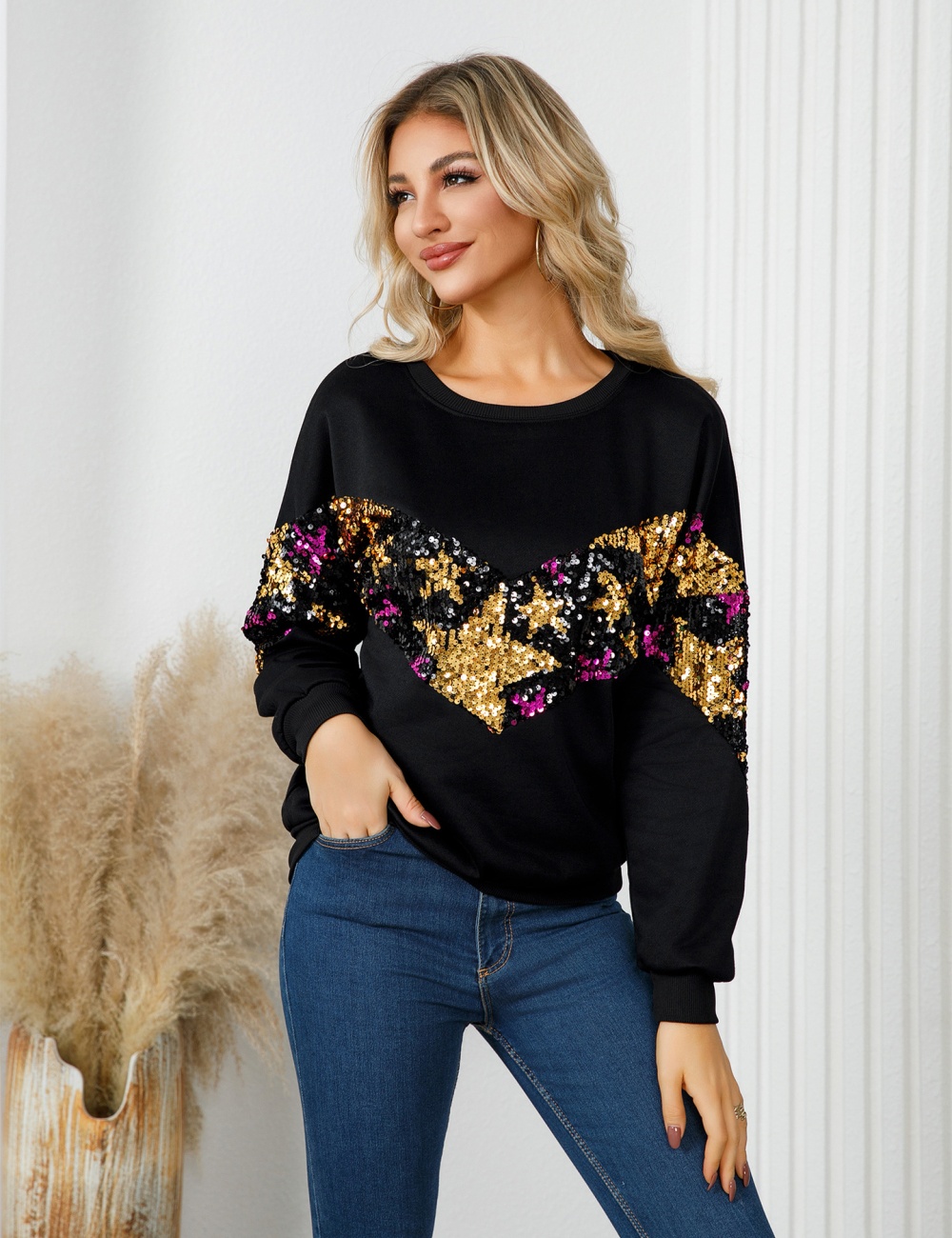 Autumn and winter long sleeve tops round neck ornament hoodie