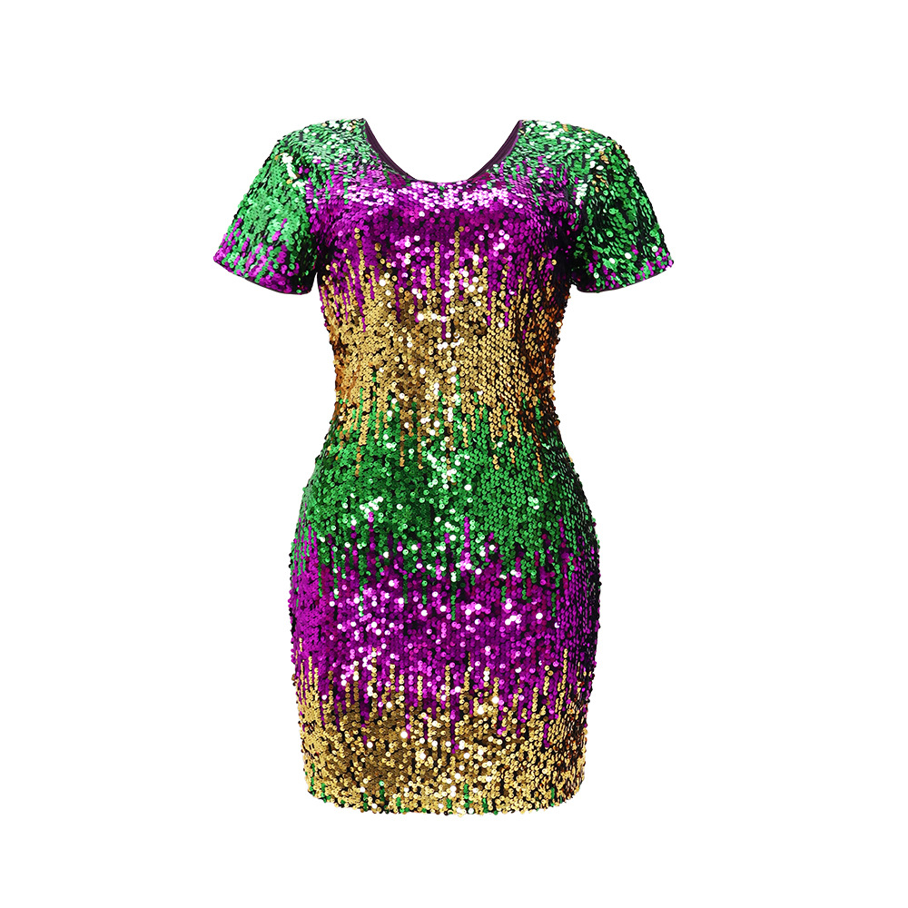 Gradient fashion evening dress V-neck sequins dress