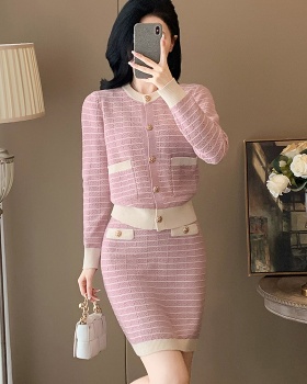 Casual autumn cardigan chanelstyle pink skirt 2pcs set