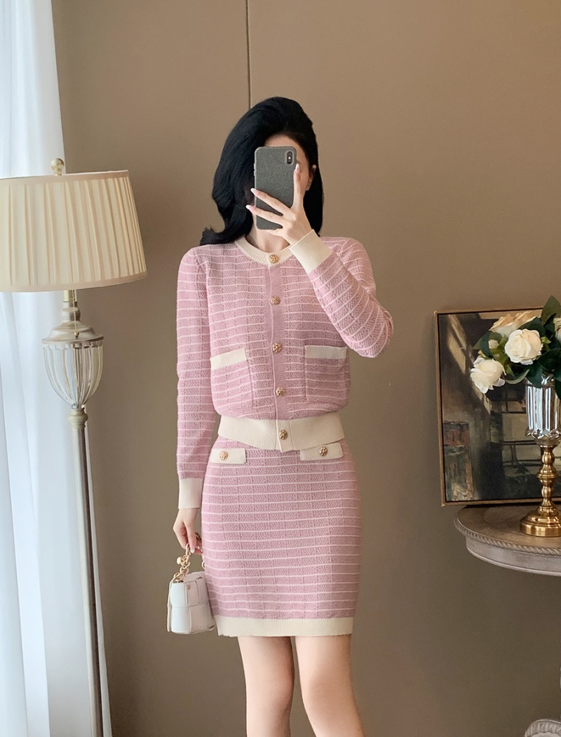 Casual autumn cardigan chanelstyle pink skirt 2pcs set