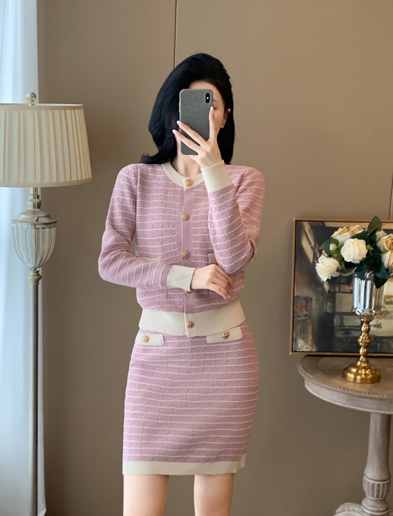 Casual autumn cardigan chanelstyle pink skirt 2pcs set