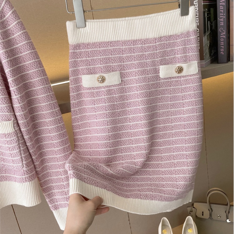 Casual autumn cardigan chanelstyle pink skirt 2pcs set