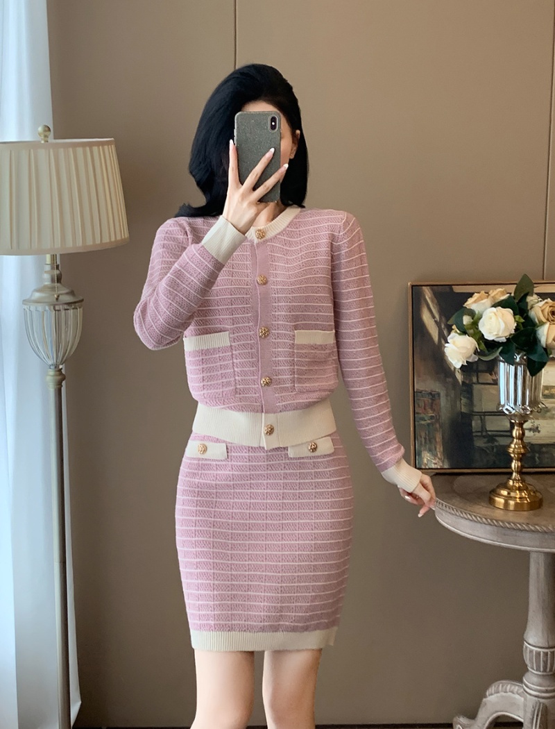 Casual autumn cardigan chanelstyle pink skirt 2pcs set