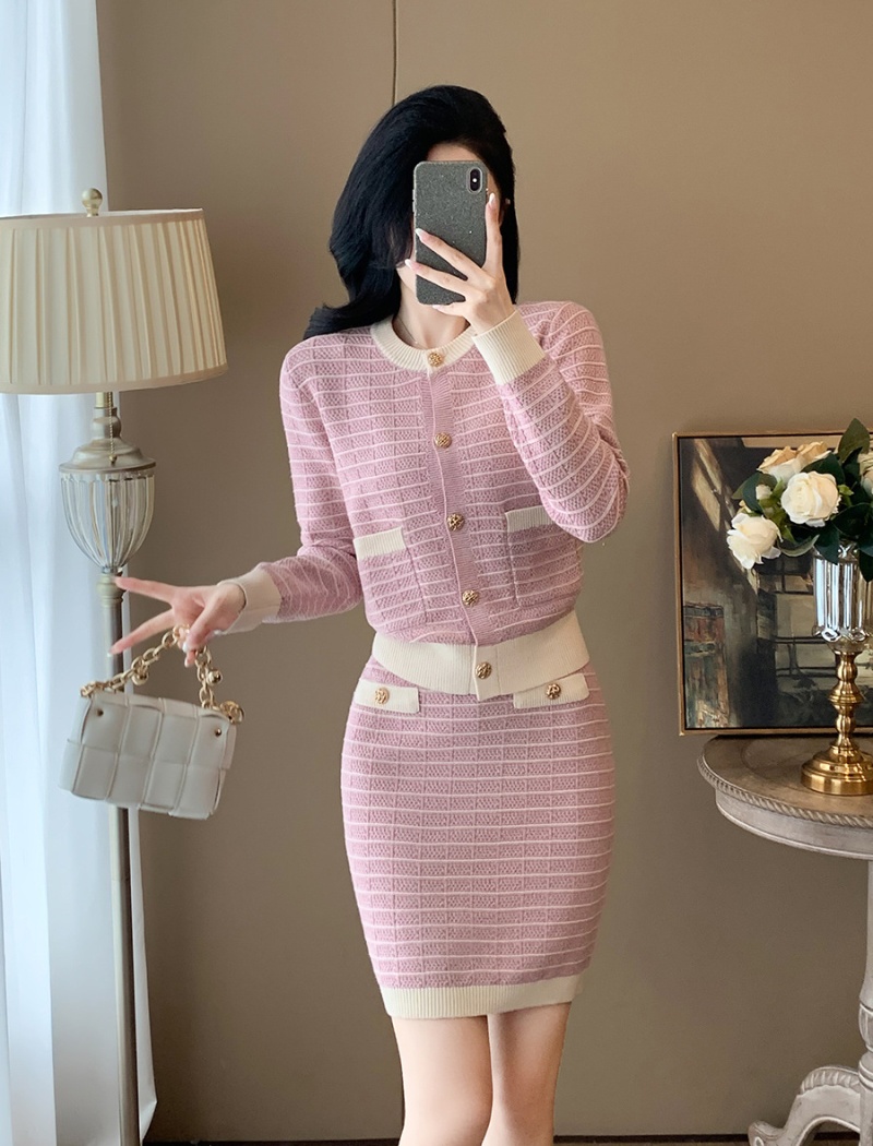 Casual autumn cardigan chanelstyle pink skirt 2pcs set