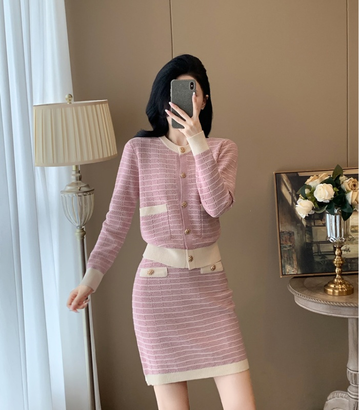 Casual autumn cardigan chanelstyle pink skirt 2pcs set