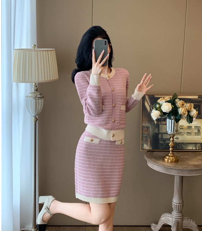 Casual autumn cardigan chanelstyle pink skirt 2pcs set