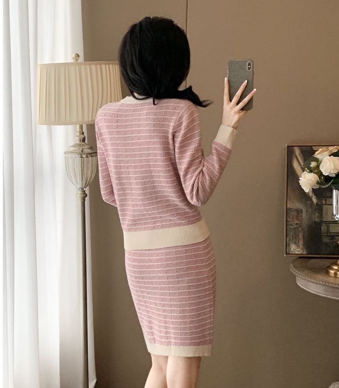 Casual autumn cardigan chanelstyle pink skirt 2pcs set