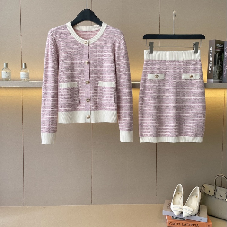 Casual autumn cardigan chanelstyle pink skirt 2pcs set