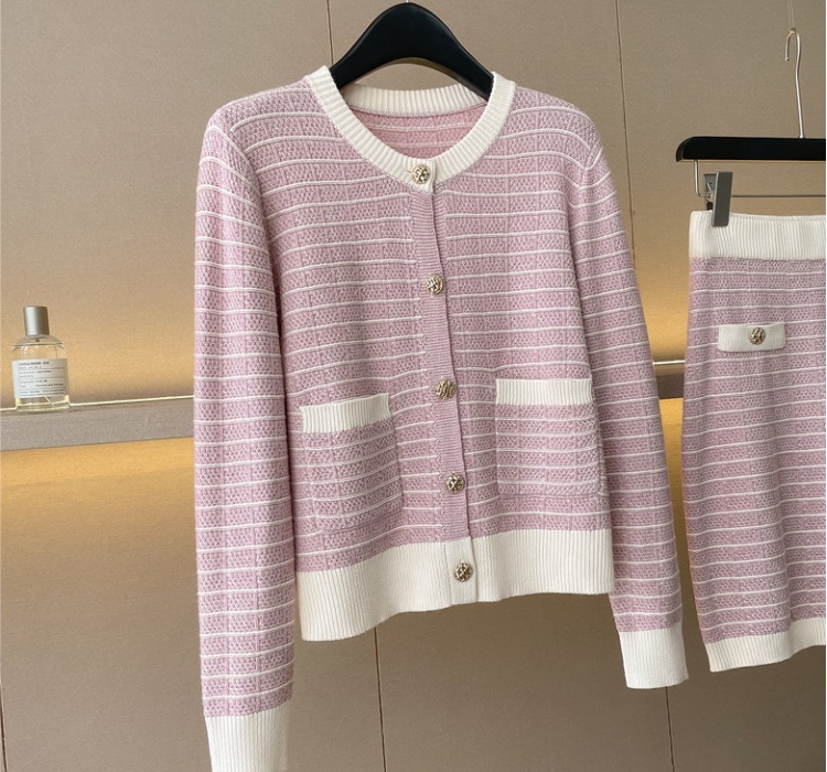 Casual autumn cardigan chanelstyle pink skirt 2pcs set