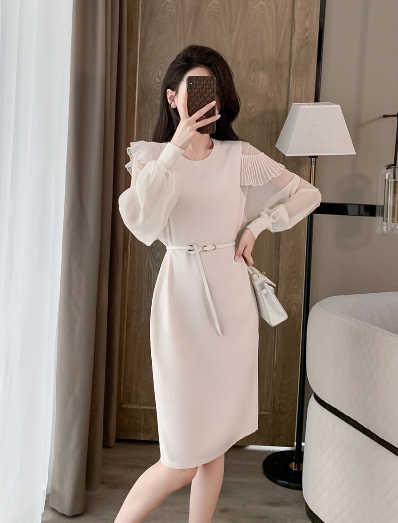 Loose splice autumn ice silk round neck dress for women