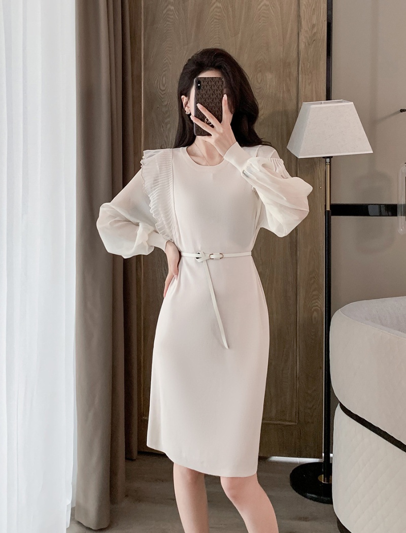 Loose splice autumn ice silk round neck dress for women