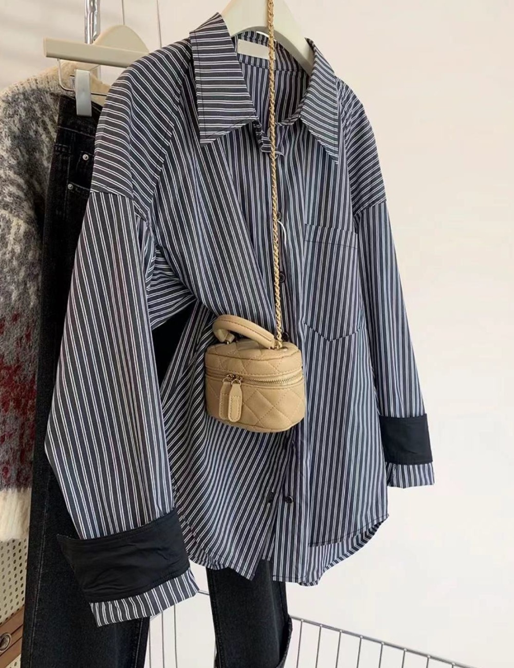 Loose mixed colors large yard shirt autumn stripe coat