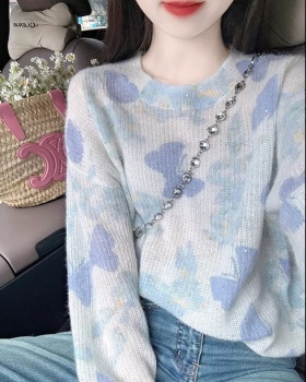 Blue loose sweater bow autumn and winter tops