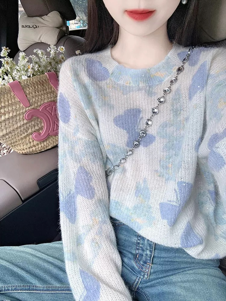 Blue loose sweater bow autumn and winter tops