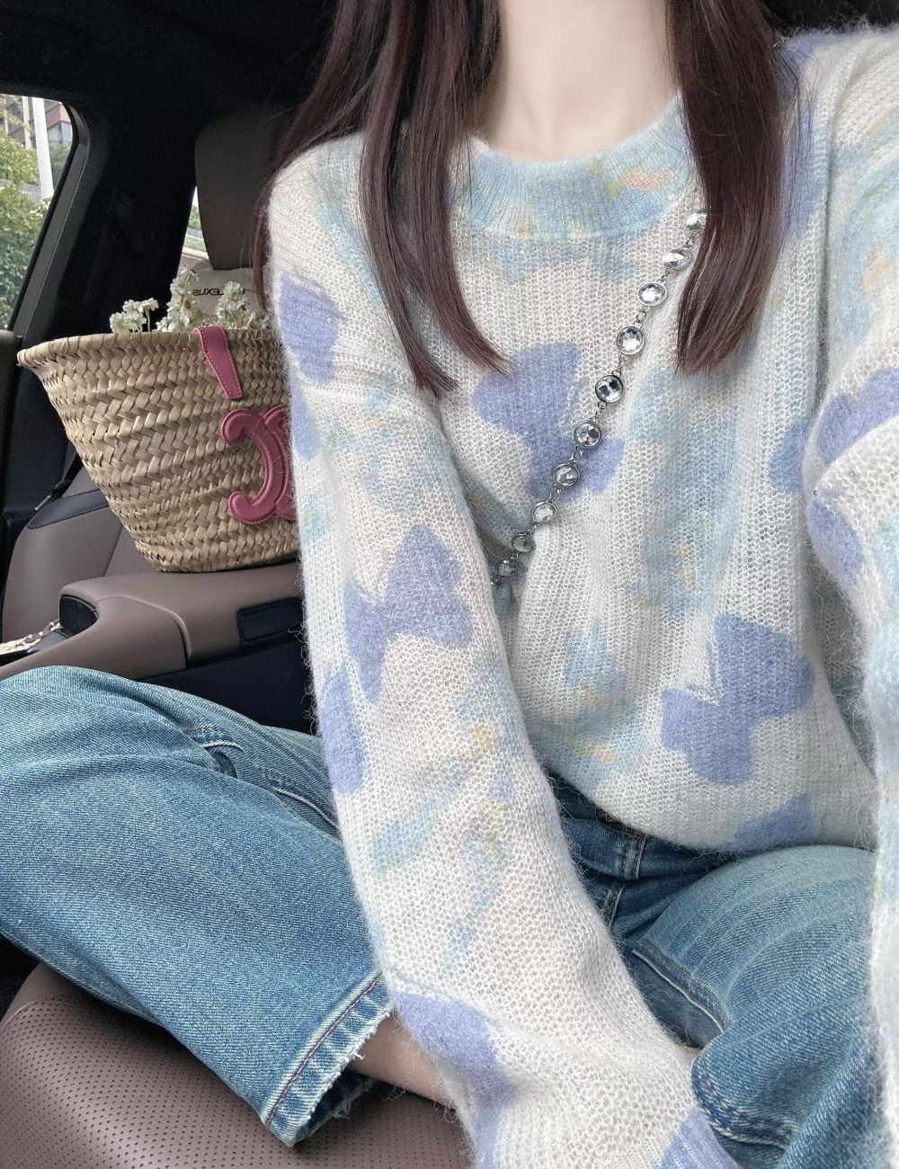 Blue loose sweater bow autumn and winter tops