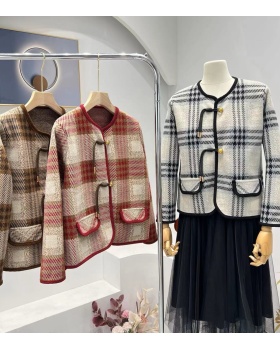 Two-sided retro tops plaid short cardigan for women