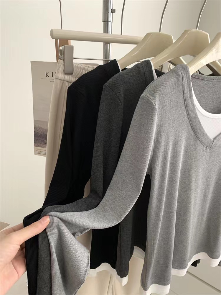 Round neck bottoming shirt screw thread T-shirt for women